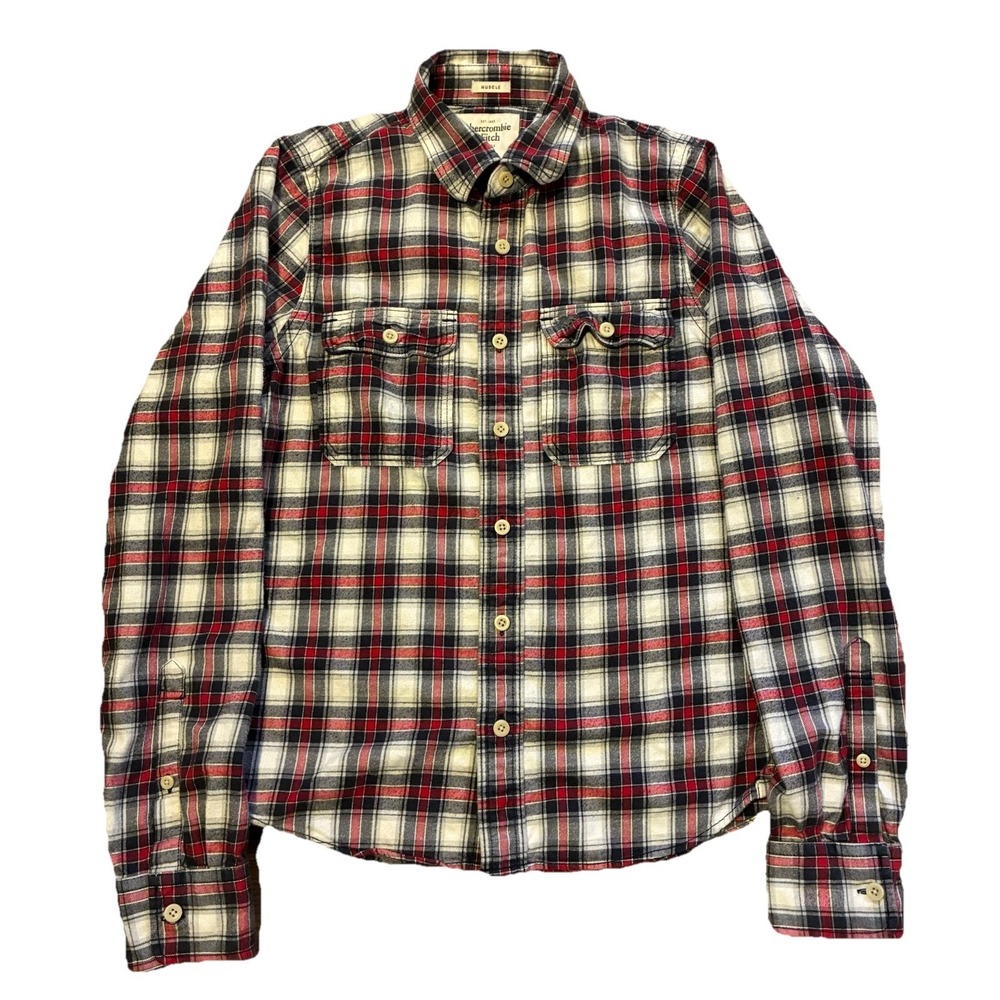 Abercrombie & Fitch Muscle Fit Flannel Shirt Men's Large Red Plaid Y2K Vintage